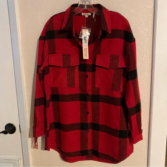 NWT Badgley Mischka Buffalo Red/Black Plaid Shacket With Fringe - Picture 2 of 4